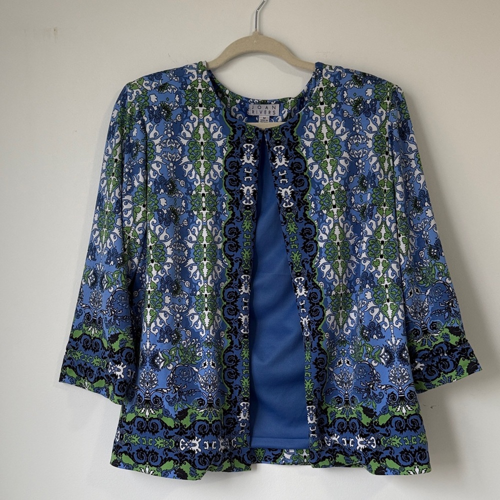 Joan Rivers Vintage Scroll Jersey Knit Blue and Green Floral Jacket SZM. - Picture 1 of 14